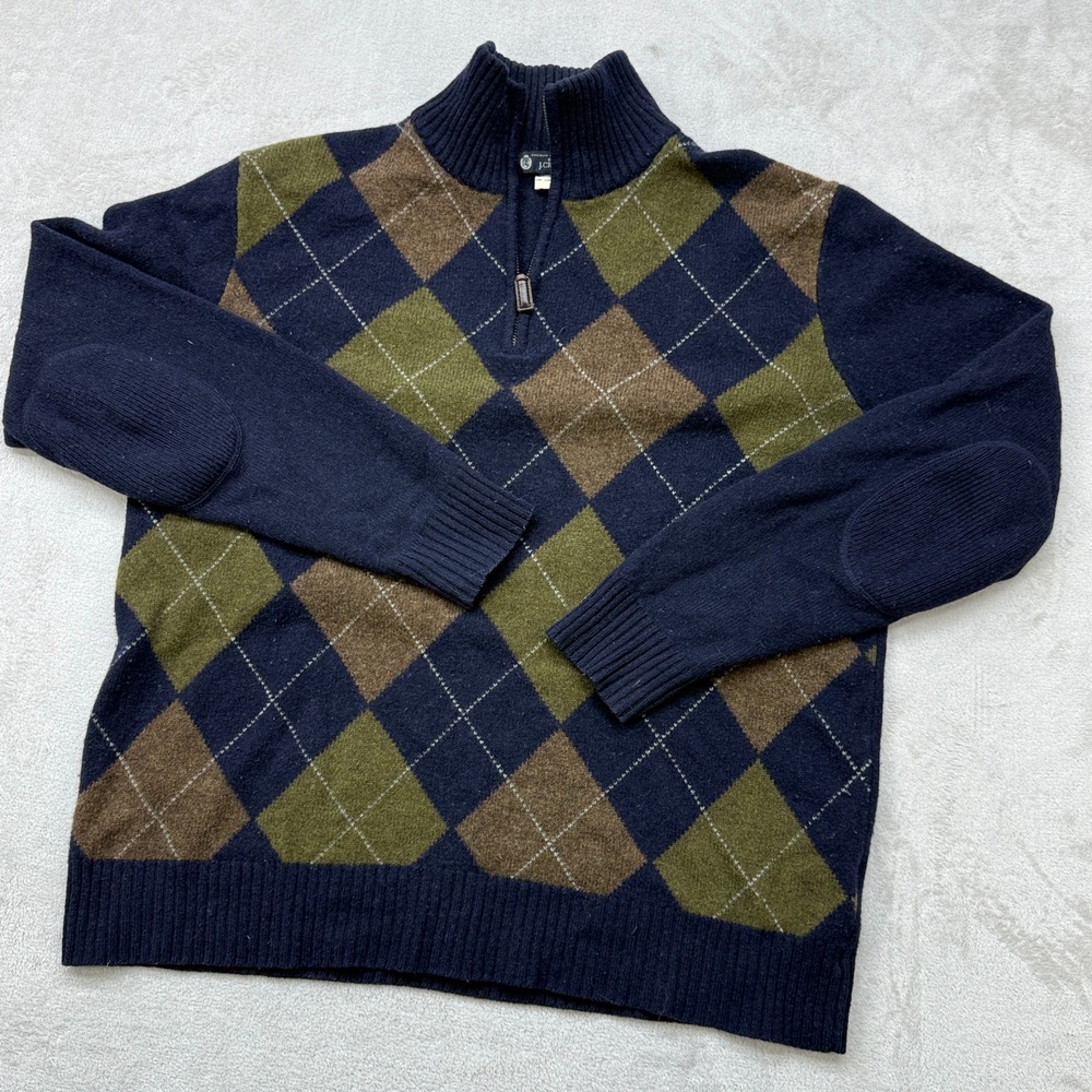 J. Crew Sweater Mens Large Navy Argyle 100% Lambswool Quarter Zip Elbow Patches‎